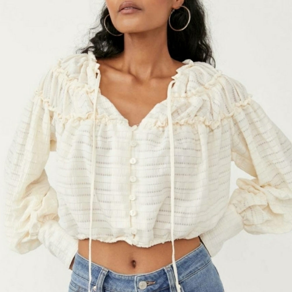Free People Hailey Ivory Blouse Long Sleeve Crop